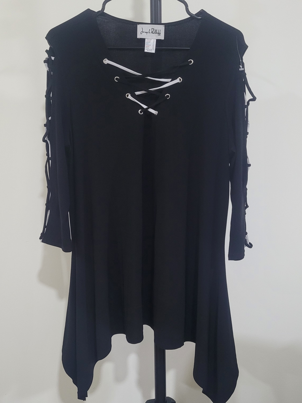 Joseph Ribkoff Black Lace-Up Sleeve Asymmetrical Tunic Top Dress Sz14